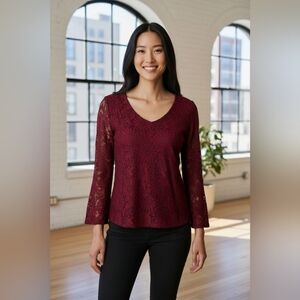 Talbots Modal cotton blend wine burgundy sz small lace bell sleeve shirt WT200